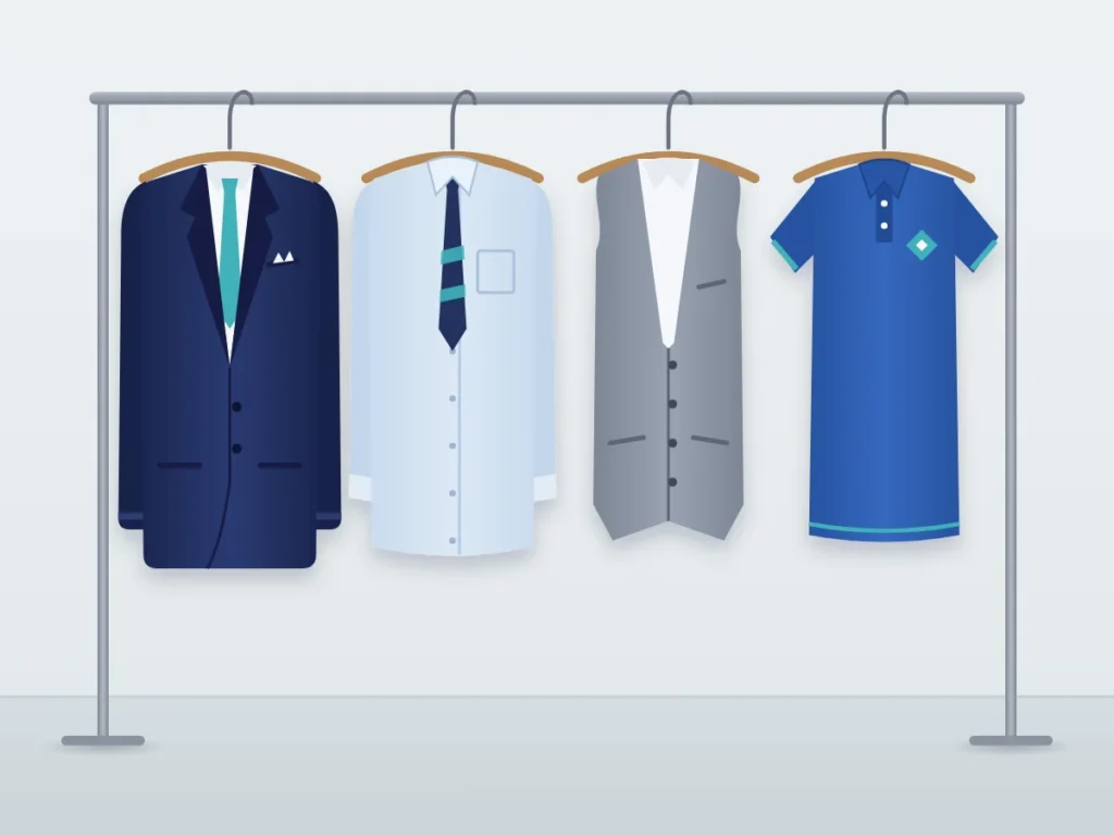 Illustration of corporate uniforms on a clothing rail: a navy blazer with tie, a light blue shirt, a grey waistcoat and a blue branded polo