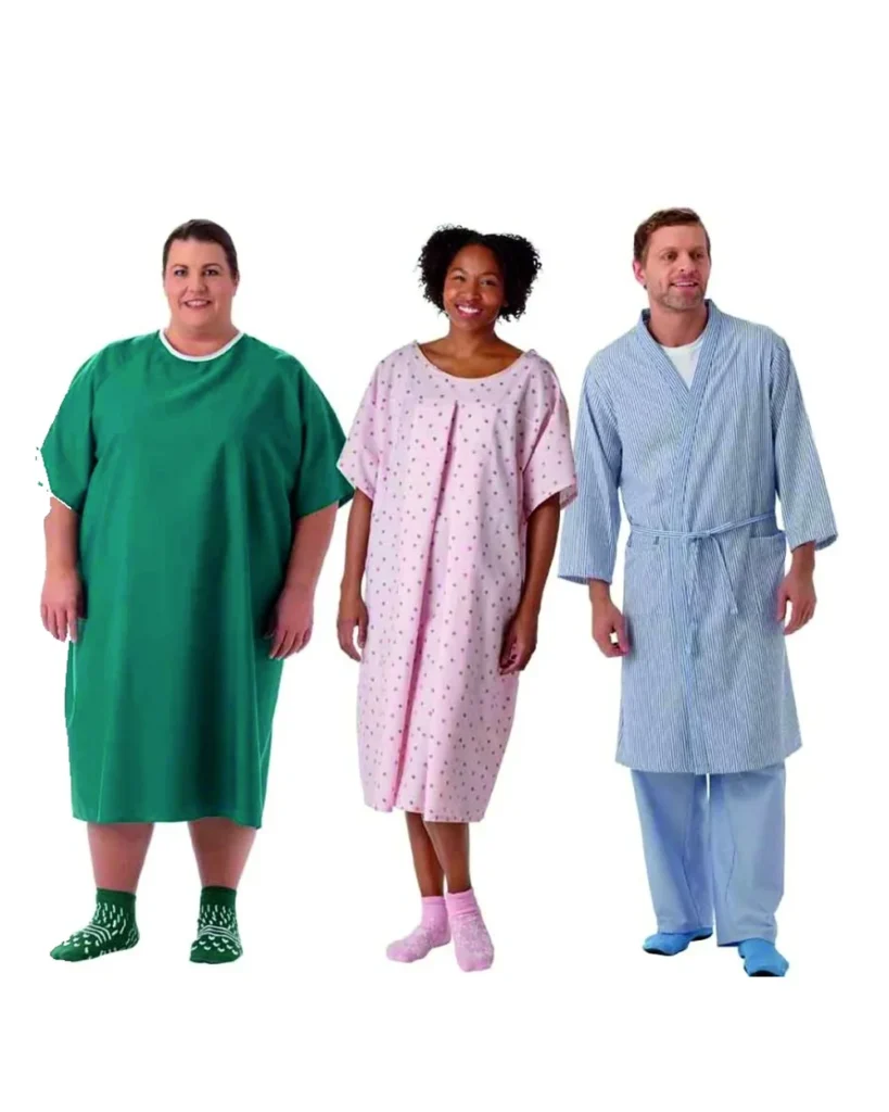 Three adults shown in full: a green patient gown, a pink printed patient gown, and a blue striped robe with pyjamas