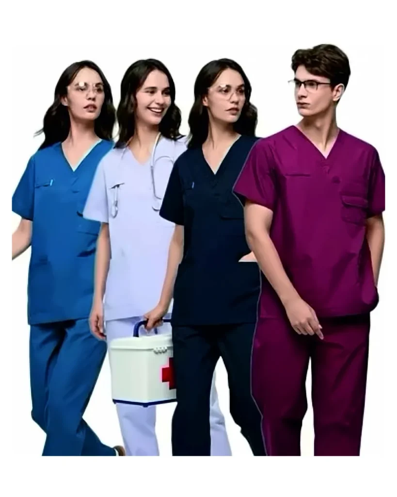 Four healthcare workers in blue, lilac, black and maroon scrub suits