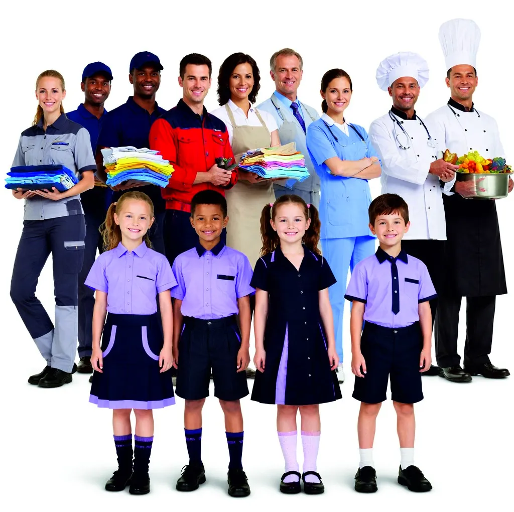 Children in lavender and navy school uniforms standing in front of adults in corporate, industrial, hospital and chef uniforms